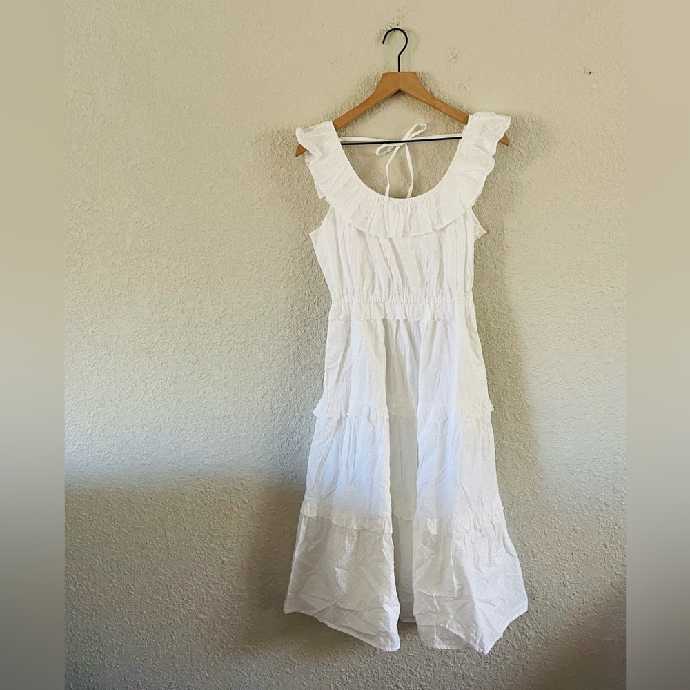 J.Crew Swiss Dot White Ruffle Midi Dress